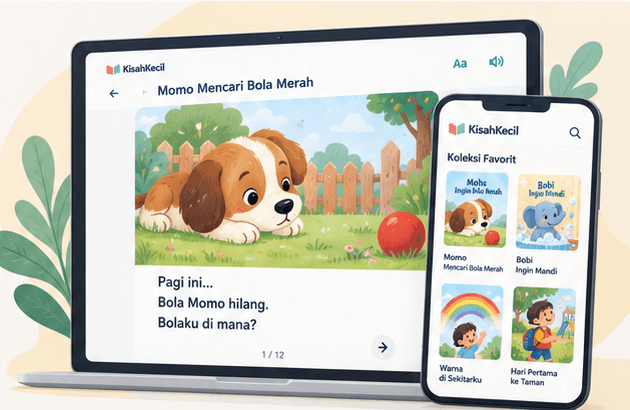 Antarmuka KisahKecil ditampilkan di layar laptop dan HP